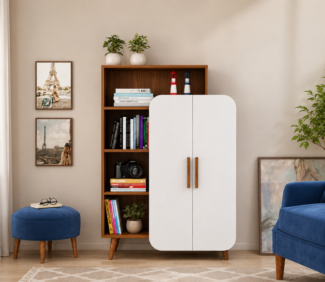 HURDECOR Wooden Bookshelf with Storage Cabinet in Exotic Teak & White Finish | Modern Bookcase for Home & Office