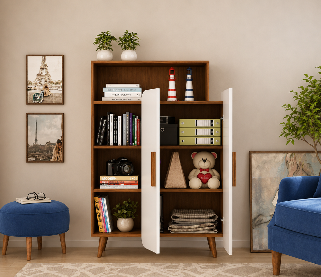 HURDECOR Wooden Bookshelf with Storage Cabinet in Exotic Teak & White Finish | Modern Bookcase for Home & Office