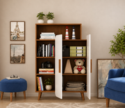 HURDECOR Wooden Bookshelf with Storage Cabinet in Exotic Teak & White Finish | Modern Bookcase for Home & Office