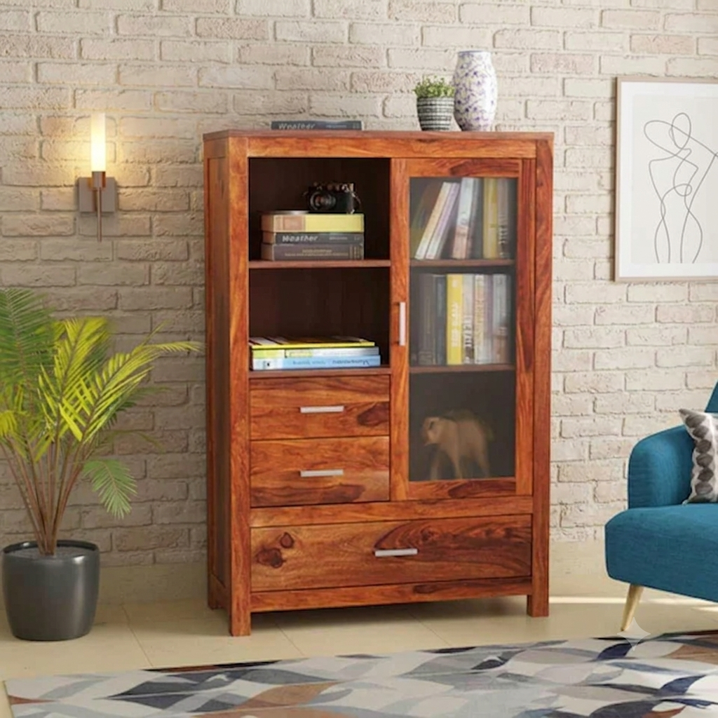 Solid Sheesham Wood File Cabinet with Shelves & Drawers – Natural Finish | Wooden Storage Cabinet for Home & Office