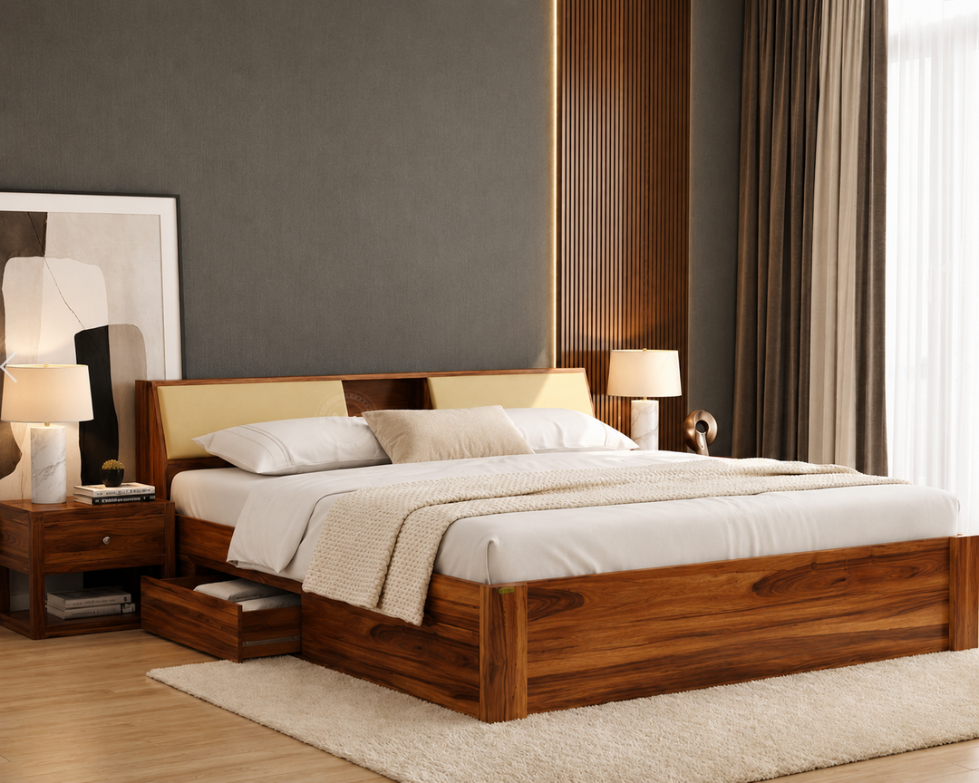 HUR DECOR Premium Sheesham Wood King Size Bed with Cushioned Headboard Storage | Solid Wood Double Bed Cot for Master Bedroom, Honey Finish Luxury Platform Furniture (With Drawers)