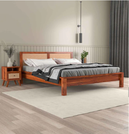 Solid Sheesham Wood Bed with Cane Headboard | Modern Wooden Platform Bed Cot for Bedroom | King/Queen/Single Size