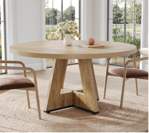 HUR DECOR Round Dining Table for 4-6 People, 47 Inch Circle Kitchen Table with Wooden Pedestal Base, Mid Century Modern Wood Dining Room Table for Living Room, Apartment, Breakfast Nook - Natural Oak