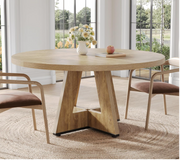 HUR DECOR Round Dining Table for 4-6 People, 47 Inch Circle Kitchen Table with Wooden Pedestal Base, Mid Century Modern Wood Dining Room Table for Living Room, Apartment, Breakfast Nook - Natural Oak