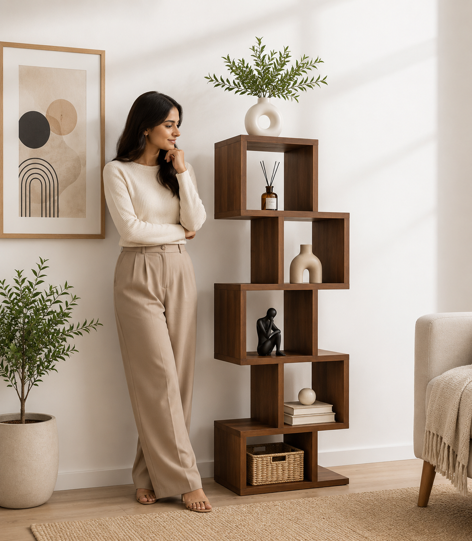HURDECOR Atlas Solid Sheesham Wood Ladder Bookshelf – Honey Finish | 5-Tier Open Display Shelf
