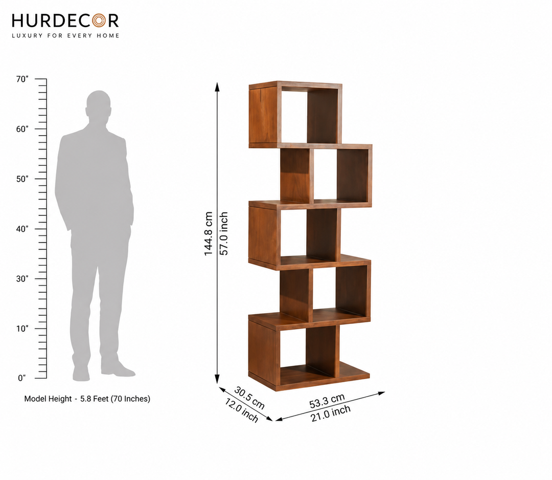 HURDECOR Atlas Solid Sheesham Wood Ladder Bookshelf – Honey Finish | 5-Tier Open Display Shelf
