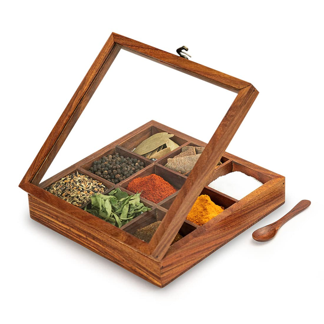Handcrafted Sheesham Wood Spice Box with 9 Compartments & Glass Lid | 8 x 8 x 2 Inch Masala Box | Rustic Kitchen Organizer